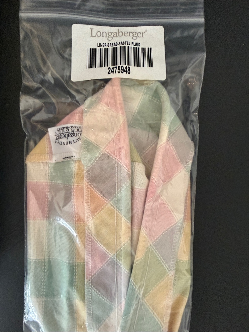 Longaberger Pastel Plaid Diamond Patch Bread Liner - Pink, Green, Yellow, Cream